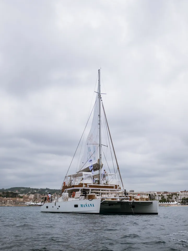 Luxury yacht Mañana off Cannes coast at sunset